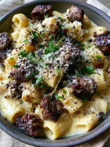 Overhead view of rigatoni pasta coated in pale golden garlic butter sauce with steak bites and parmesan snowfall. (Garlic Beef Pasta)