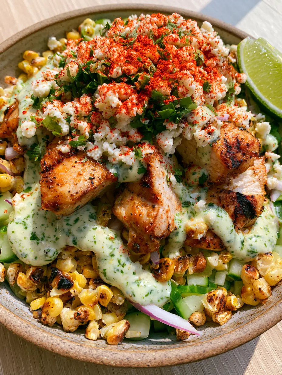 Top-down 45-degree angle shot of Street Corn Chicken Salad with visible dark sear marks on chicken and blackened blisters on corn. (Street corn chicken salad)
