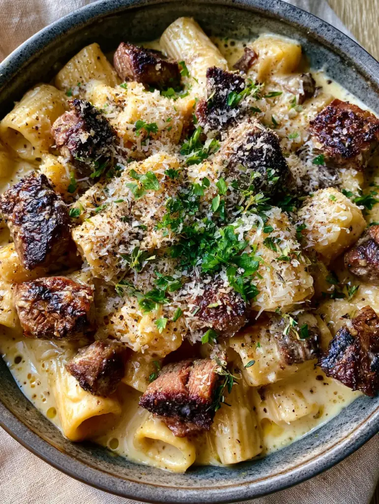 Juicy steak cubes with charred edges tossed with rigatoni in a creamy garlic sauce. (Garlic Beef Pasta)