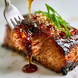 Macro photo of a fork lifting flaky pink layers of salmon coated in a bubbling honey garlic salmon marinade glaze. (salmon marinade)