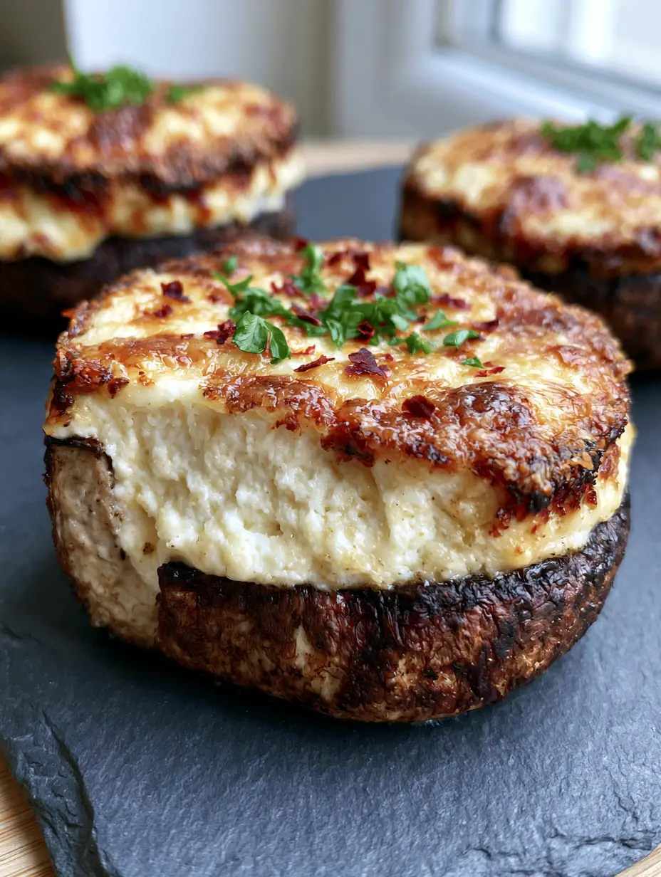 Extreme macro close-up of a single roasted cremini mushroom cap with a thick cream cheese filling and bubbly toasted parmesan edges. (stuffed mushrooms recipe)