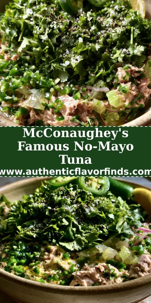 A rustic ceramic bowl of Matthew McConaughey tuna salad with meaty albacore, sliced jalapenos, and lemon-oil dressing on a stone countertop. (Matthew McConaughey tuna salad)