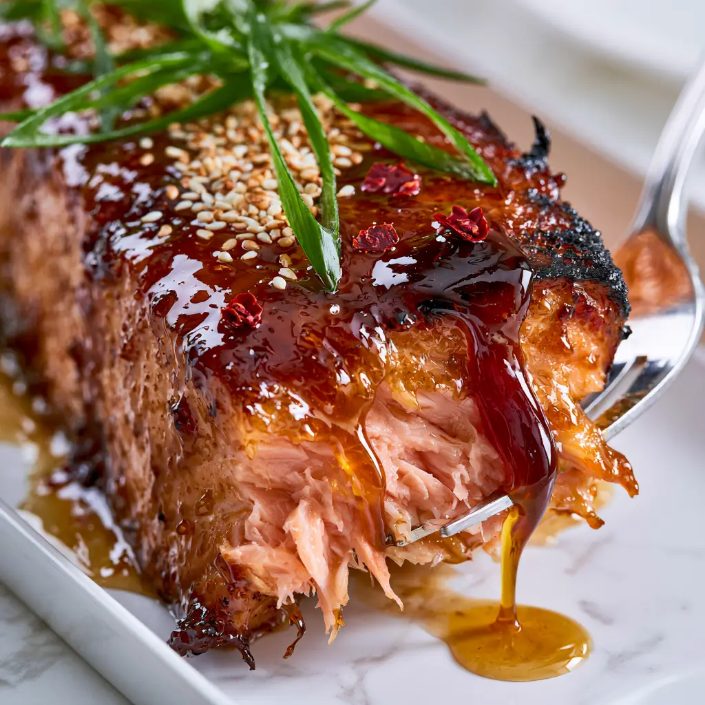 A thick Atlantic salmon fillet with charred edges and a mirror-like honey garlic glaze garnished with sesame seeds and scallions.