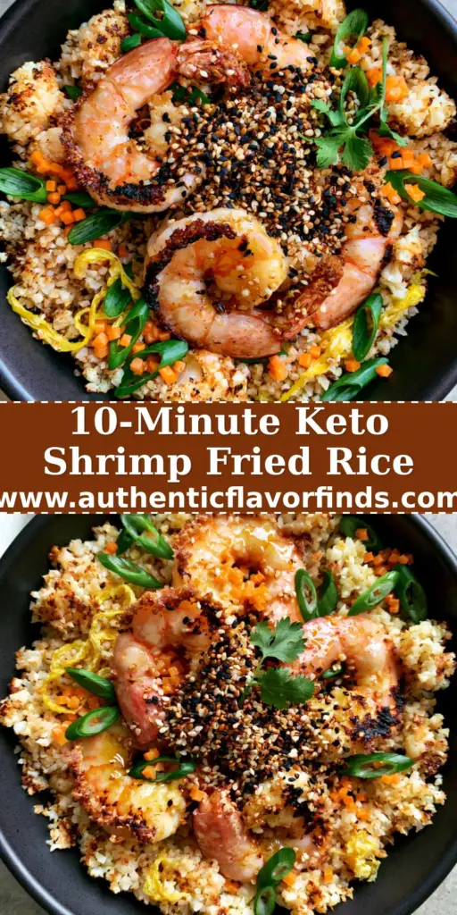 A top-down photo of Cauliflower Shrimp Fried Rice in a matte black bowl featuring charred cauliflower, jumbo seared shrimp, and golden egg ribbons on a concrete surface.