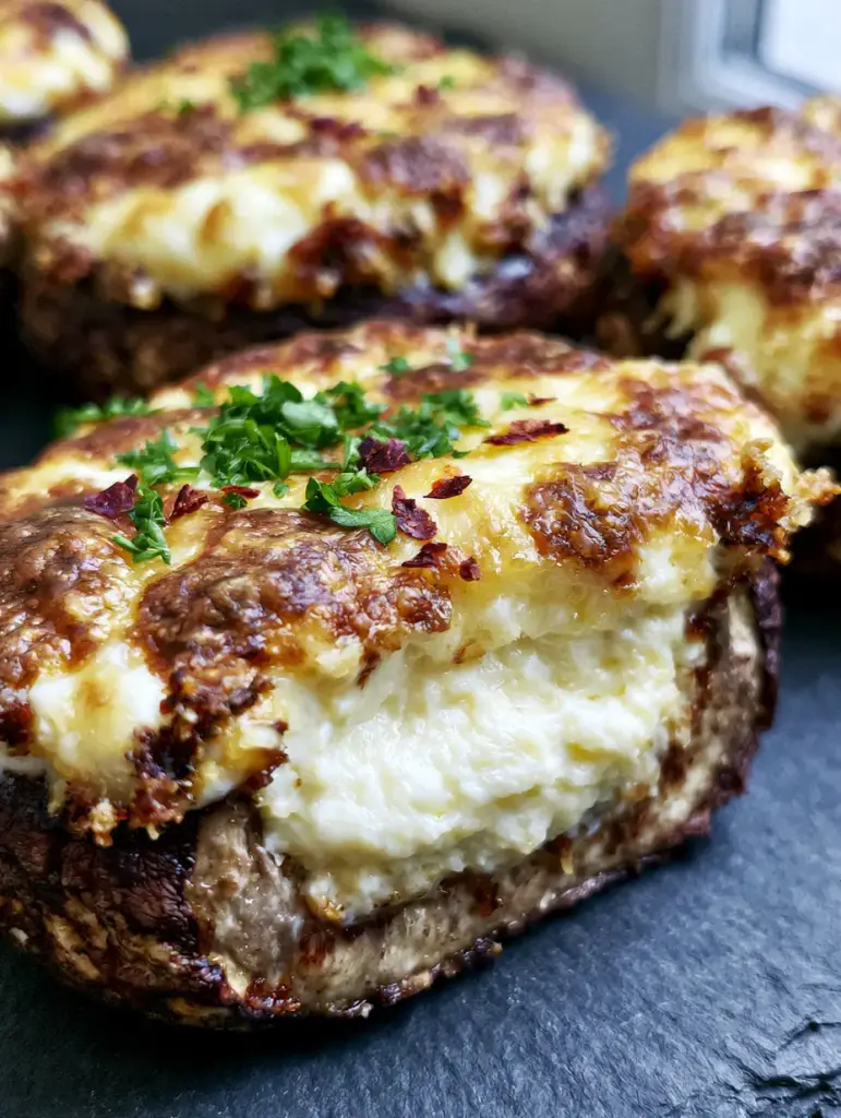 A stuffed mushroom sliced in half revealing a solid meaty texture and a rich white velvety center on a dark slate surface. (stuffed mushrooms recipe)