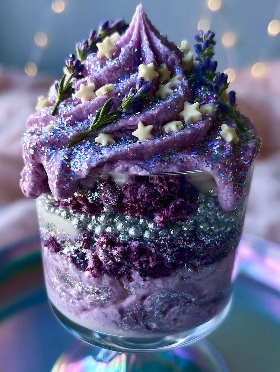 Close up view of staaaarshineeee layers showing silver honey swirls and purple velvet crumbs.