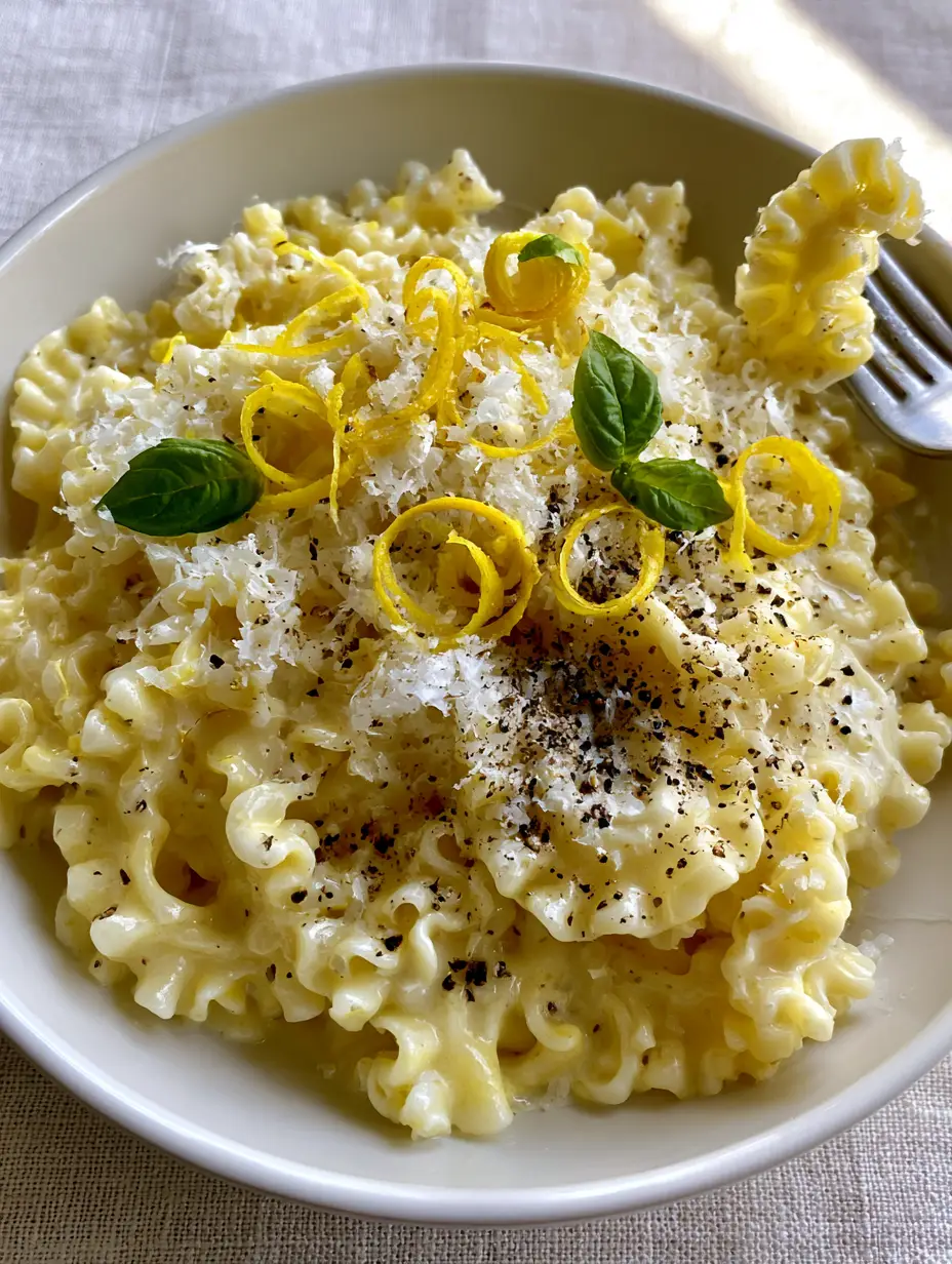 High-angle view of al dente Mafaldine pasta coated in thick lemon cream sauce with basil leaves. (Mafaldine Pasta Limone)