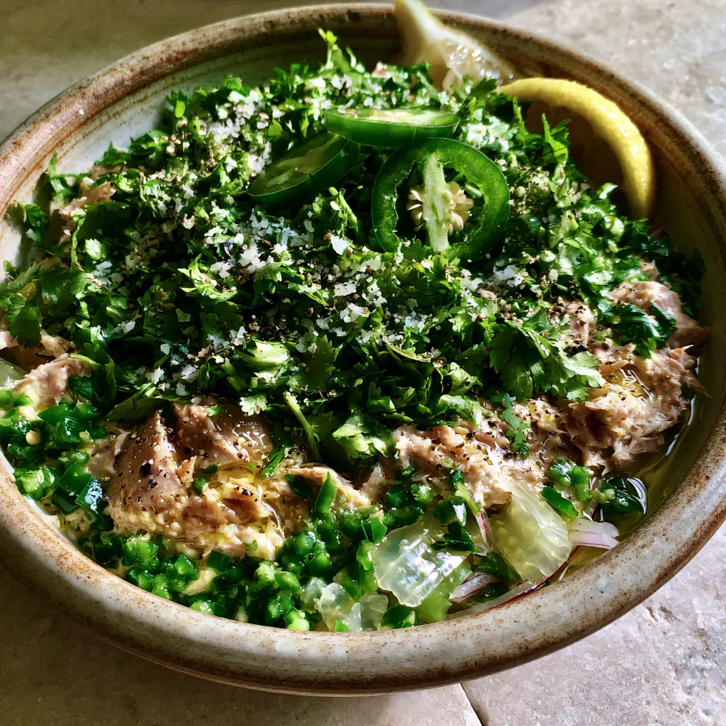 Close up of translucent celery and emerald jalapenos in a lemon-infused olive oil tuna salad. (Matthew McConaughey tuna salad)