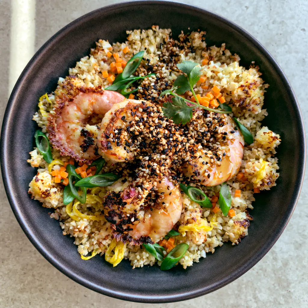 A matte black bowl of cauliflower fried rice garnished with black and white sesame seeds and scallions under natural side-lighting.