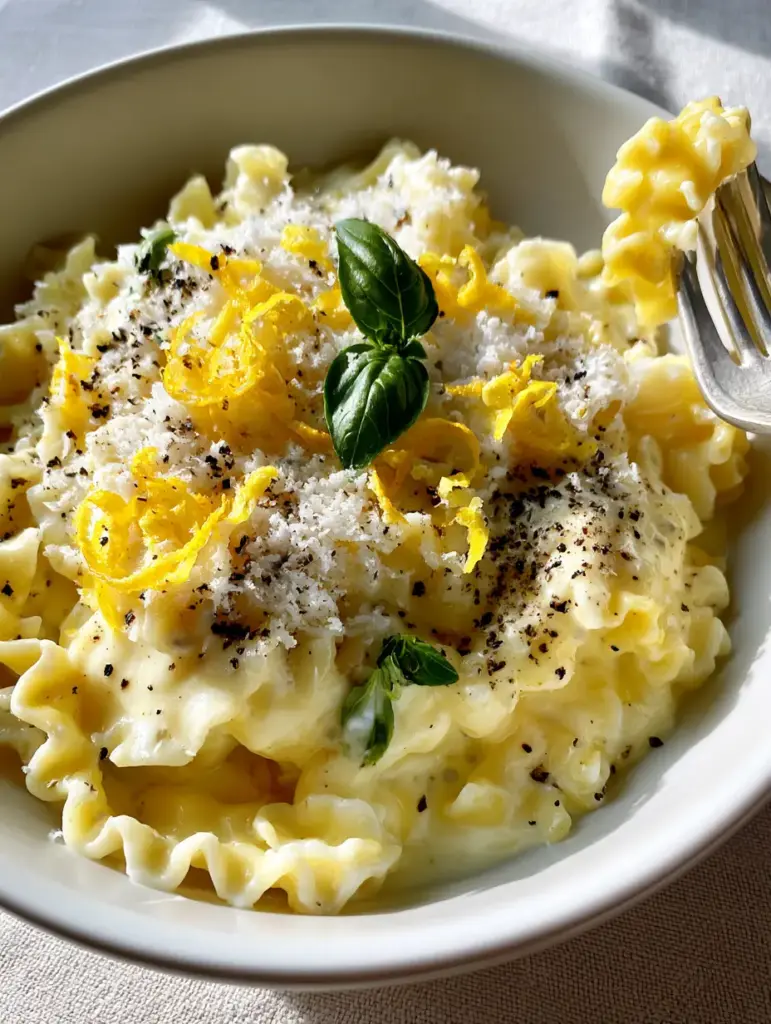 A fork lifting a single ribbon of Mafaldine pasta showing the silky lemon sauce texture. (Mafaldine Pasta Limone)