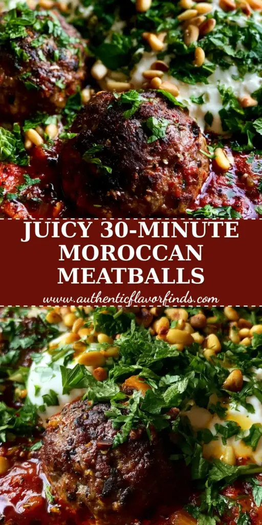 A rustic terracotta tagine filled with Moroccan meatballs in a vibrant red harissa sauce topped with yogurt, herbs, and pine nuts.