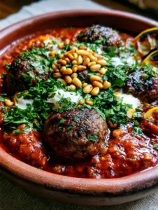 Close-up of seared Moroccan meatballs with char marks submerged in thick tomato sauce.