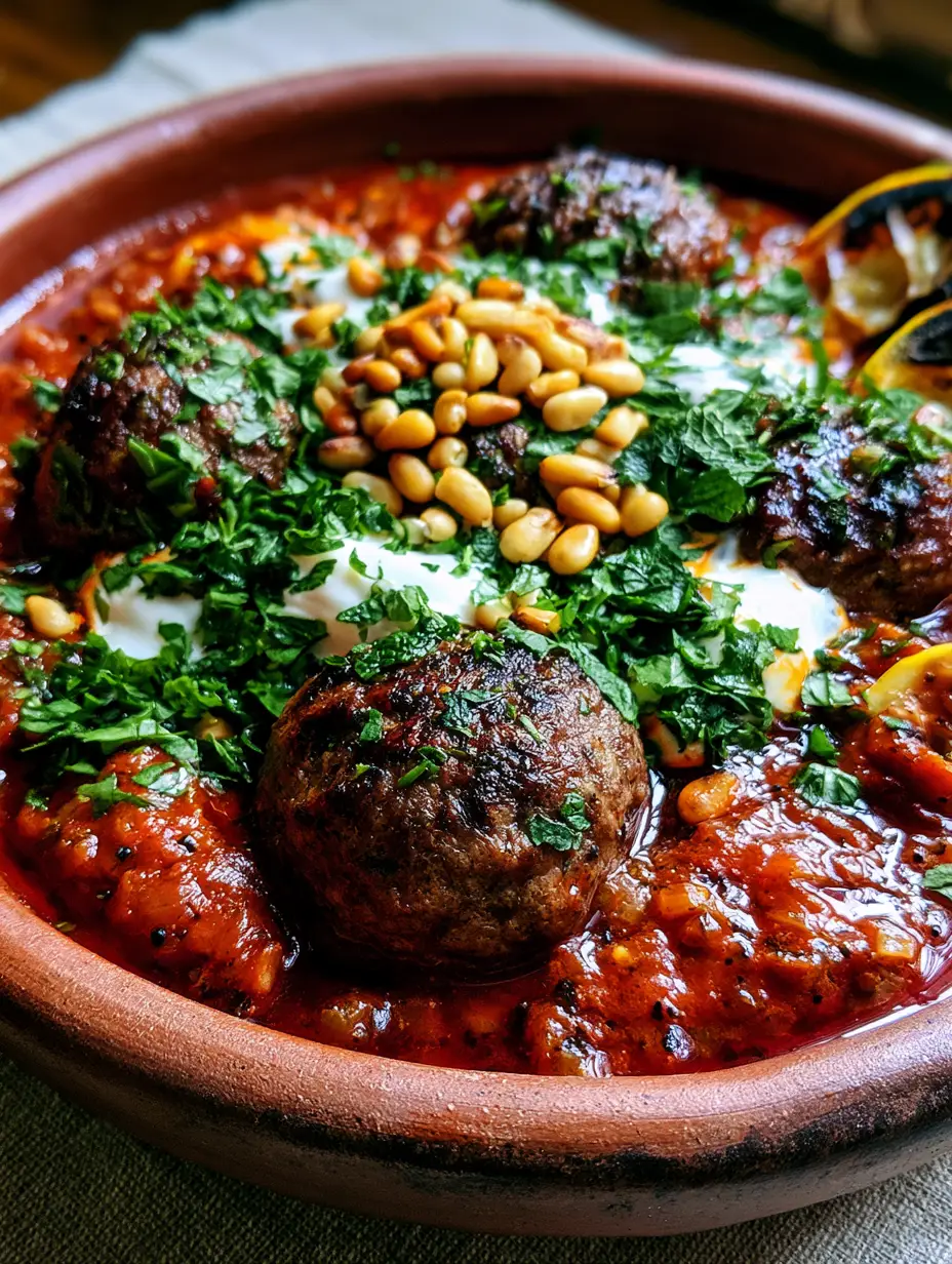 Close-up of seared Moroccan meatballs with char marks submerged in thick tomato sauce.