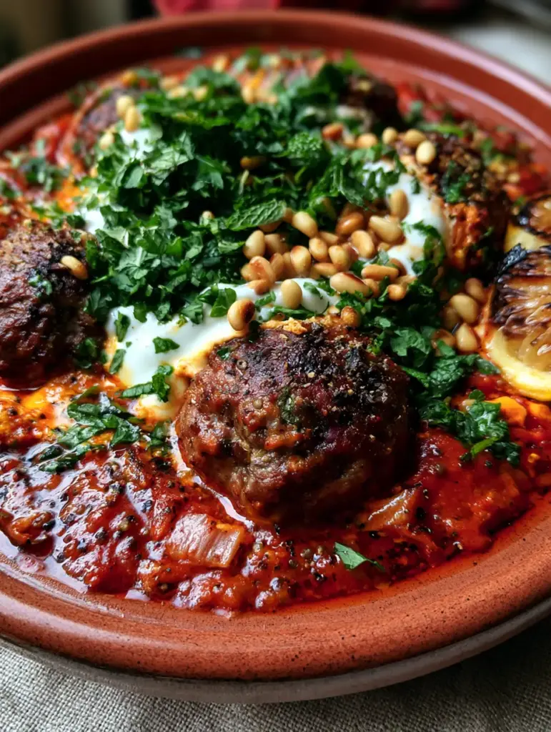 Moroccan meatballs garnished with fresh cilantro, mint, and toasted pine nuts in a terracotta pot.