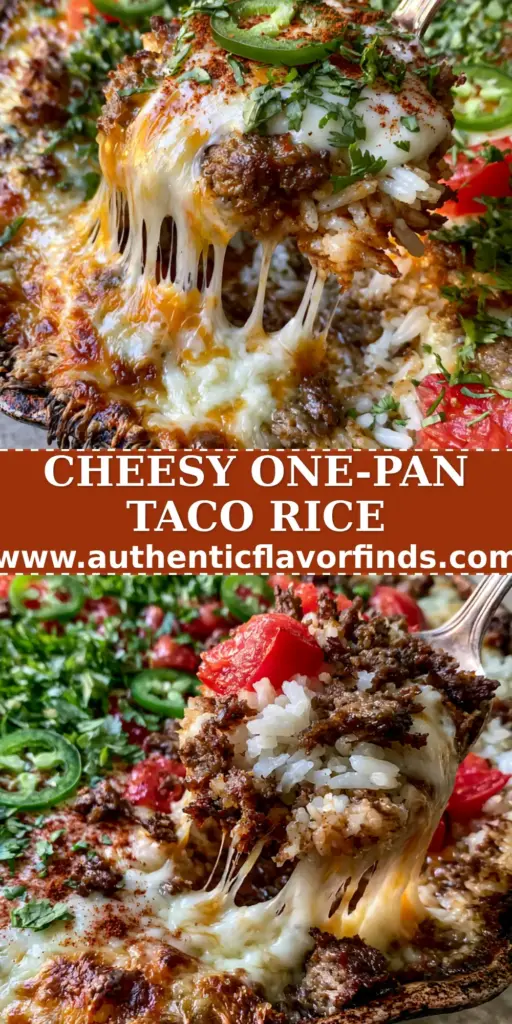 A bubbling taco rice casserole in a cast iron skillet with a dramatic cheese pull and fresh jalapeño garnishes.