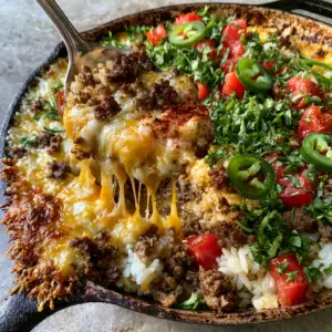 Overhead POV shot of a taco rice casserole in a rustic skillet featuring toasted cheese edges and steam vapors.