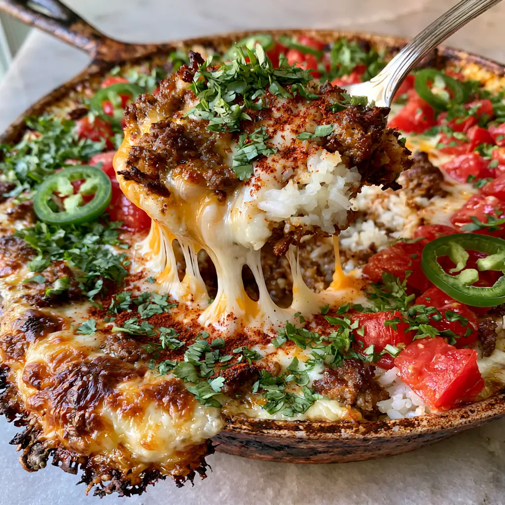 Close-up of a spoon lifting a portion of cheesy taco rice casserole showing a thick Monterey Jack cheese pull.