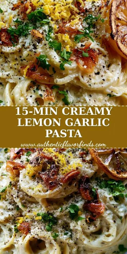 A close-up shot of creamy lemon pasta with golden garlic chips and a charred lemon slice on a marble countertop.