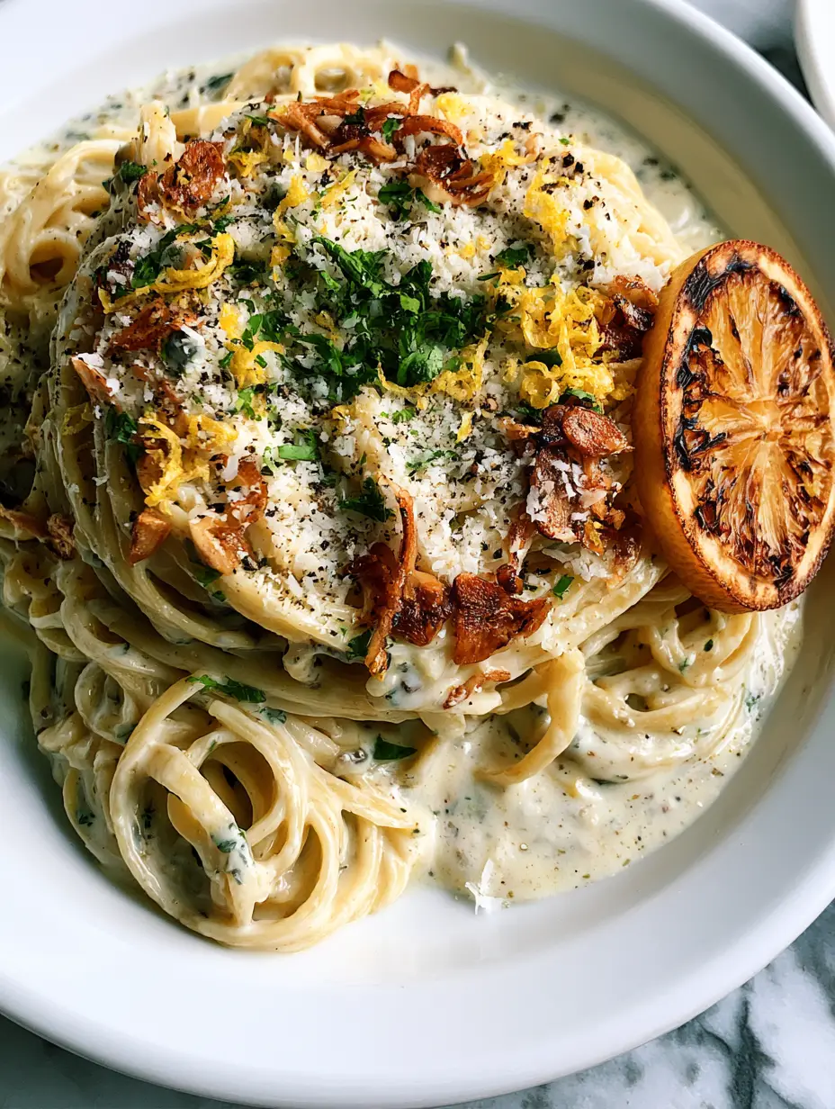 Top-down view of a white ceramic plate with silky linguine swirls in a glossy lemon pasta sauce.