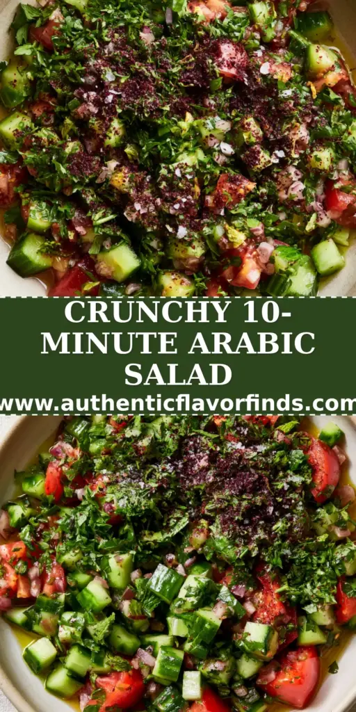 A top-down close-up of a vibrant Arabic salad with diced cucumbers, tomatoes, and a dusting of purple sumac in a cream bowl.