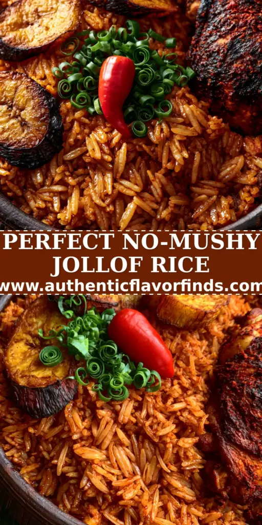 Close-up of Ghanaian jollof rice in an Asanka bowl with charred chicken and fried plantains.