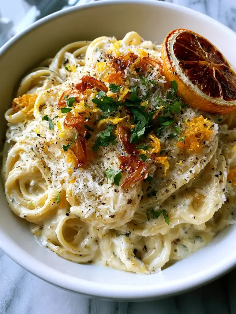 Close-up of lemon pasta showing the texture of finely grated parmesan and golden-brown garlic chips.