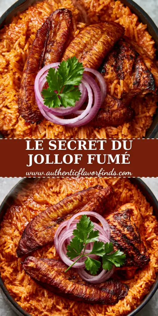 A top-down view of authentic Riz Jollof Nigérian in a black pot with fried plantains, char-grilled chicken, and red onion garnish.