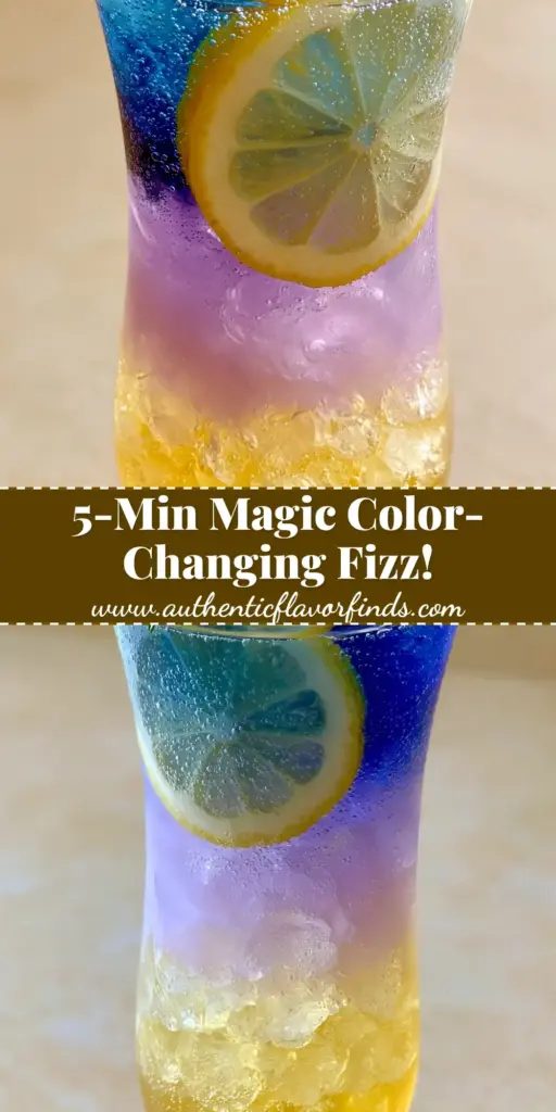 A tall fluted glass featuring the Honey Lemon Butterfly Fizz with distinct layers of golden honey syrup, lavender gradient, and deep-blue butterfly pea tea, garnished with mint and a lemon wheel.