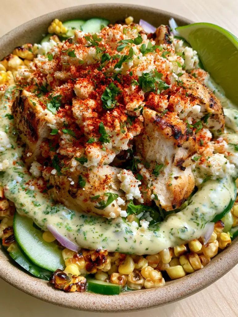 Vibrant street corn chicken salad garnished with cotija cheese, cilantro, and a lime wedge in a ceramic bowl.