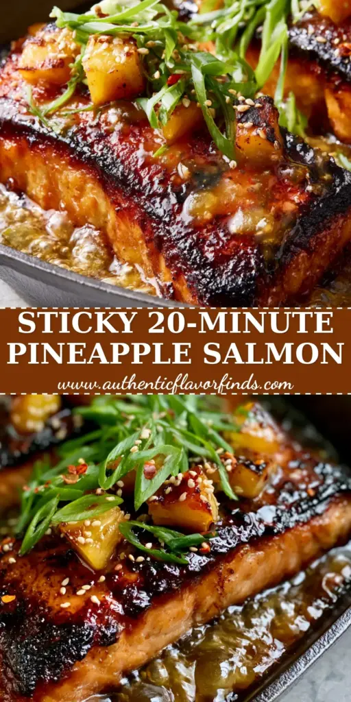 Close-up of Pineapple Glazed Salmon in a cast iron skillet with charred pineapple chunks, scallions, and sesame seeds.