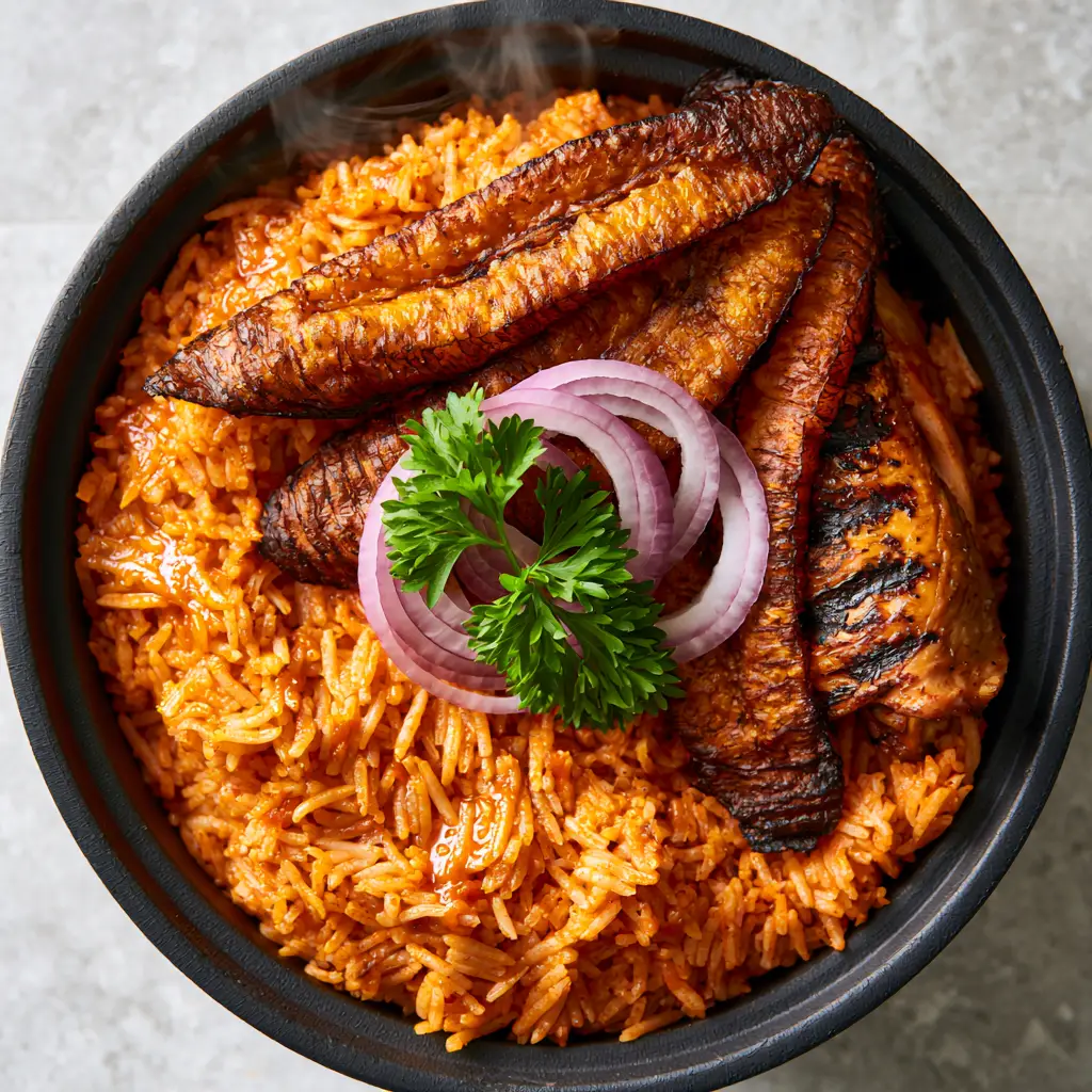 Macro shot of Riz Jollof Nigérian grains glistening with tomato-oil sheen and fresh parsley sprig.