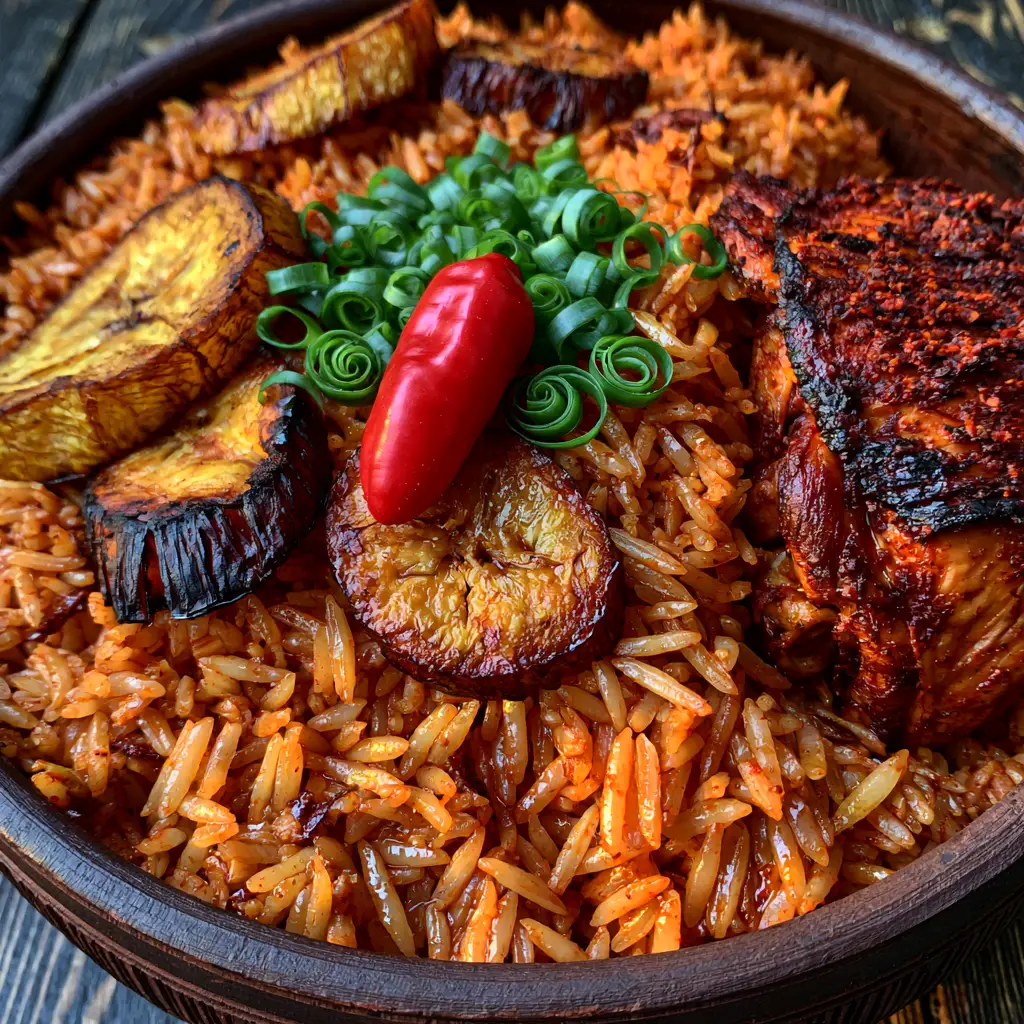 Traditional Asanka bowl filled with reddish-orange Ghanaian jollof rice and garnishes.