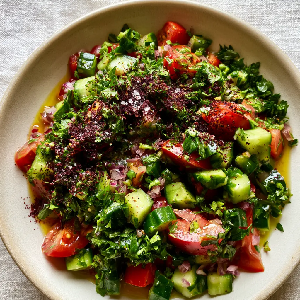 Close-up of the herb layer including flat-leaf parsley and mint flecks on top of an Arabic salad with sumac dusting.