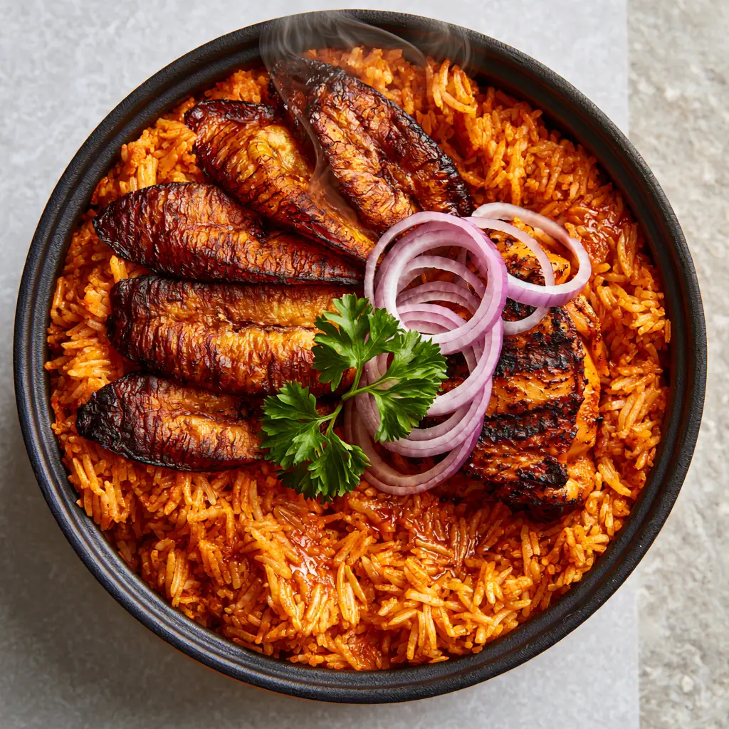 Side view of Riz Jollof Nigérian showing steam rising from the pot and charred chicken thigh detail.