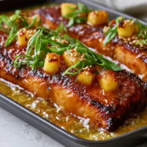 Detailed shot of caramelized salmon fillets drenched in a thick, translucent amber pineapple glaze with red chili flakes.