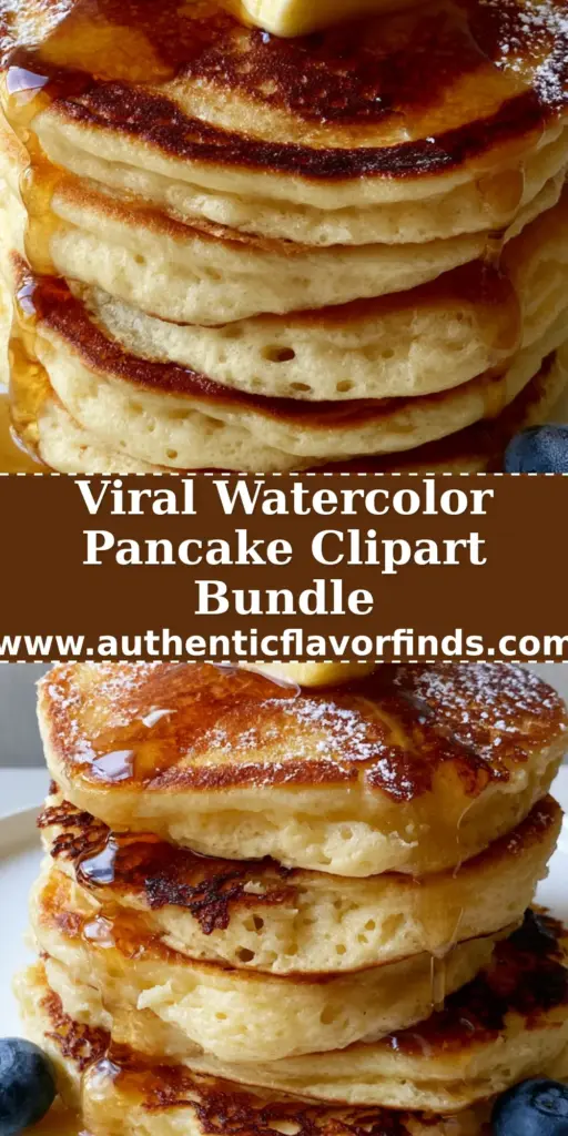 A professional flat lay illustration of a tall stack of buttermilk pancakes with syrup and blueberries. (Pancake Clipart)