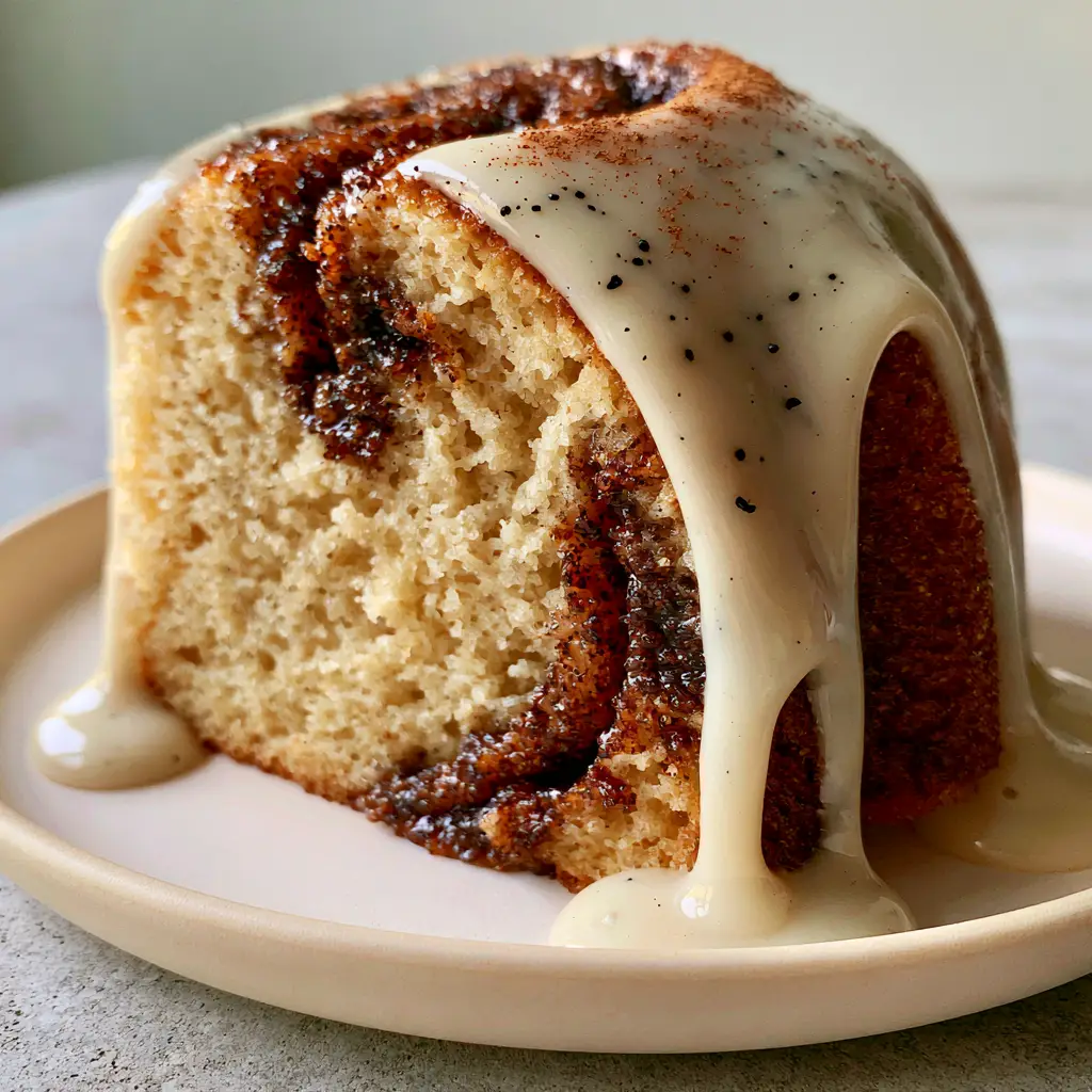 Overhead view of a cinnamon roll cake slice with thick ivory-white glaze pooling on a cream plate.