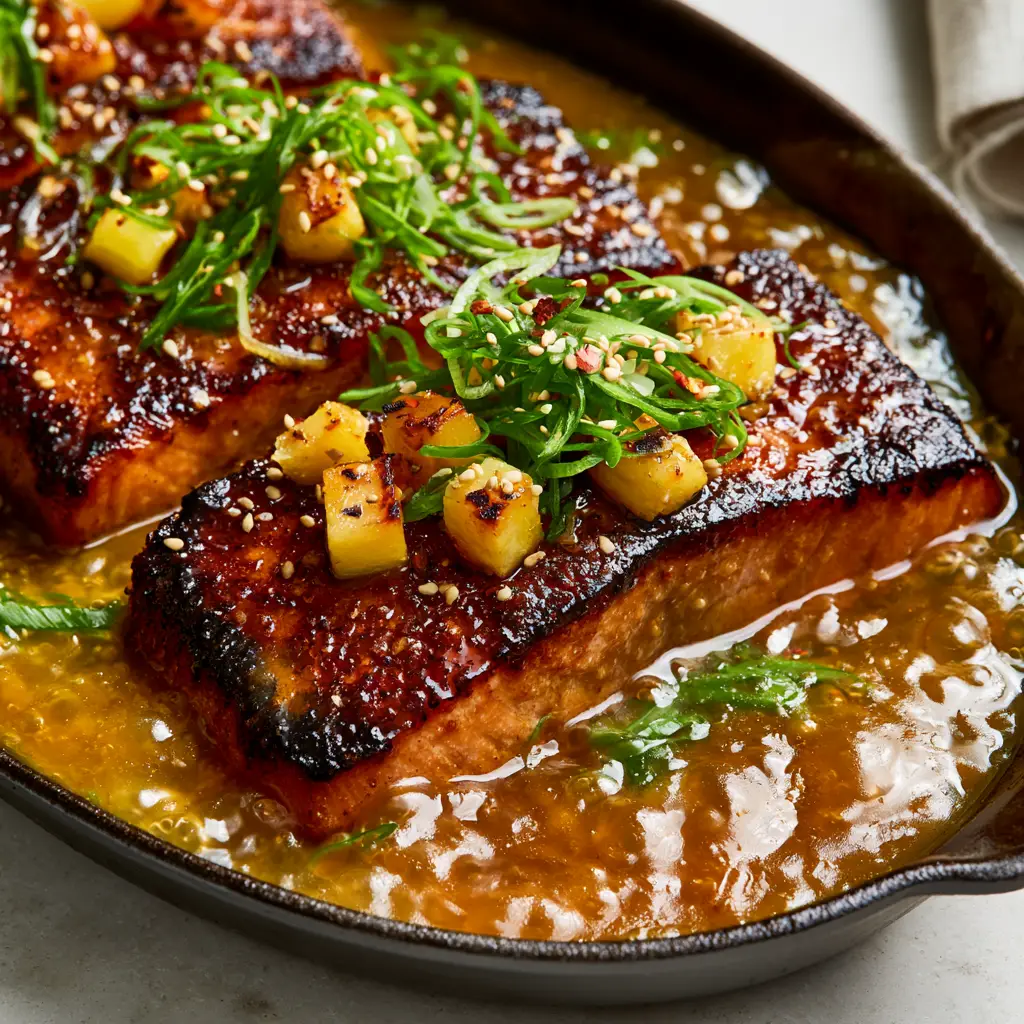 High-angle photo of Pineapple Glazed Salmon in a dark skillet featuring charred pineapple cubes and bright green scallions.