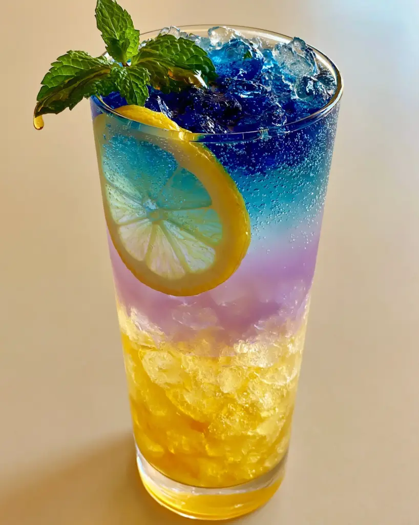 Top view of a Honey Lemon Butterfly Fizz garnished with a fresh green mint sprig and a tiny honey drizzle over deep-blue tea.