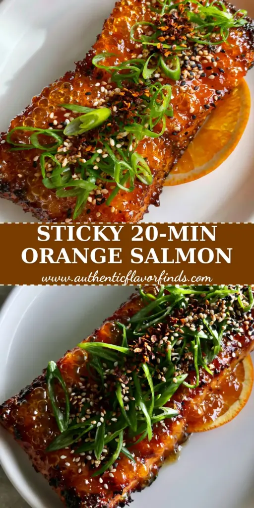 An overhead photo of orange glazed salmon with a glossy amber coating, topped with sesame seeds and scallions on a white plate.