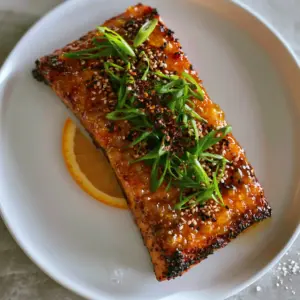 A close-up overhead shot of a thick pan-seared salmon fillet with a translucent orange honey glaze and bubbling edges.