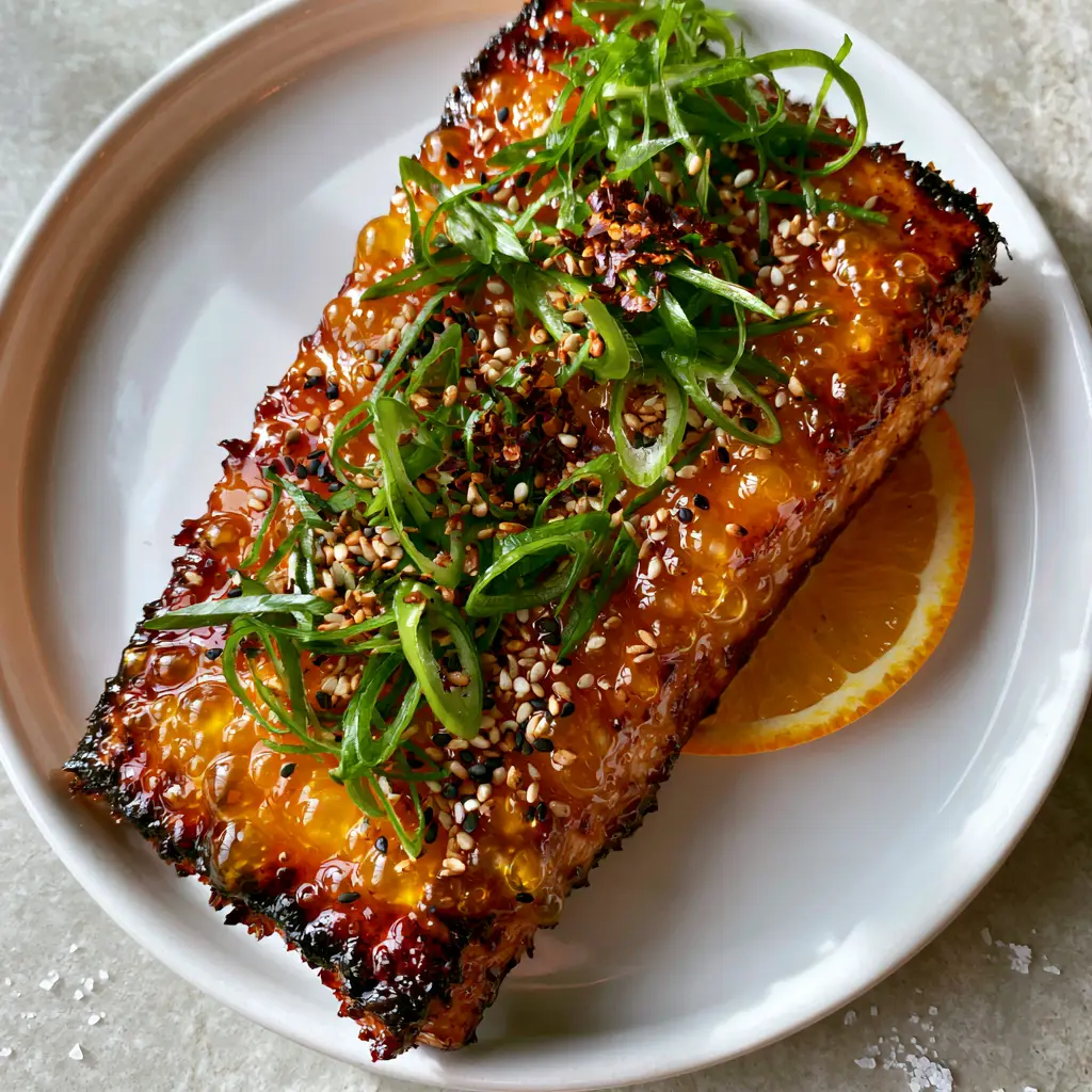 Orange glazed salmon garnished with black and white sesame seeds, green onions, and a thin orange slice on a grey stone background.