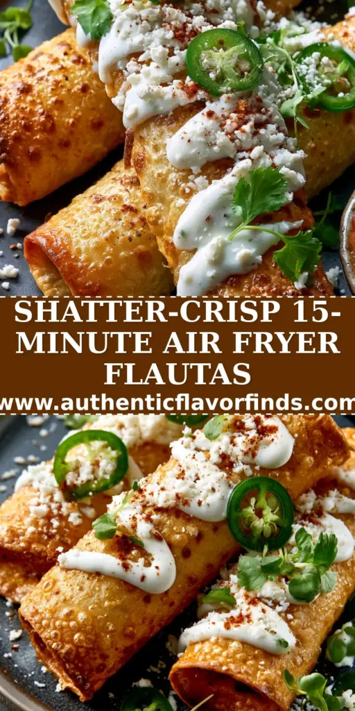 Three golden-brown air fryer Flautas stacked on a charcoal plate with lime crema drizzle and fresh serrano peppers.