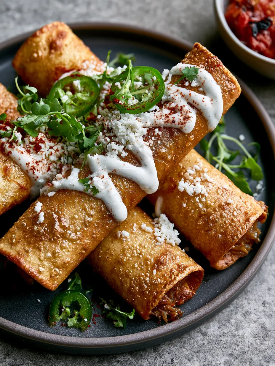 Close-up of air fryer Flautas showing shatter-crisp texture and tiny air bubbles with lime crema zig-zag.
