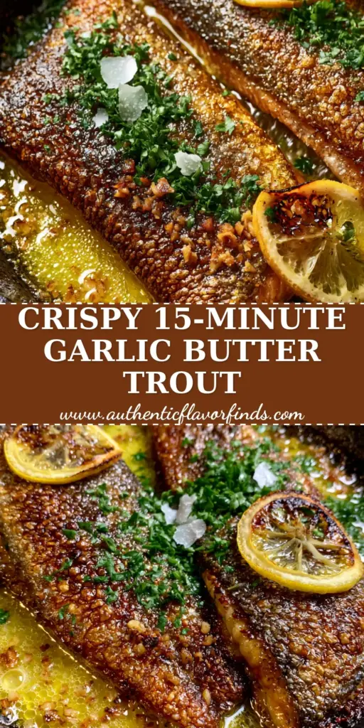 A top-down view of pan seared rainbow trout fillets in a cast iron skillet with toasted garlic and charred lemon. (pan seared rainbow trout)