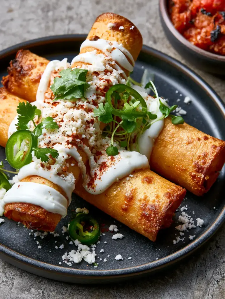 Angle shot of three flautas with micro-cilantro and smoked paprika garnish next to roasted salsa roja.