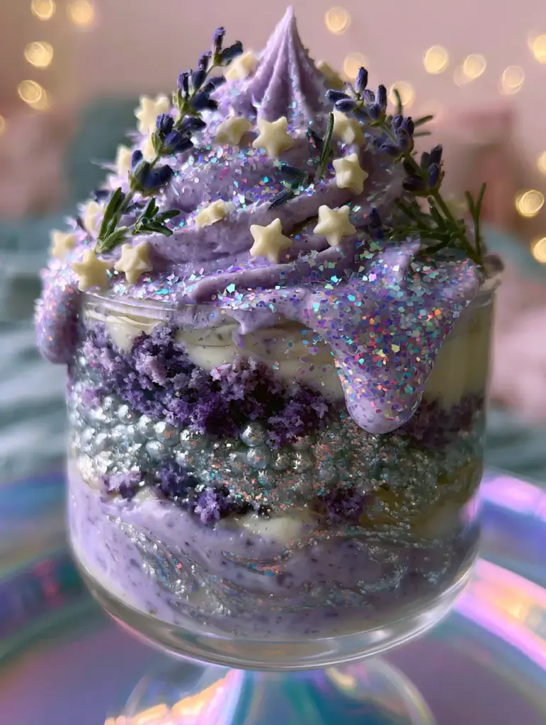 The topped staaaarshineeee dessert with violet cream, stars, and fresh lavender.
