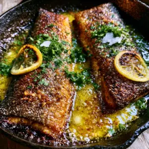 Extreme close-up of blistered golden trout skin sizzling in a pool of garlic butter. (pan seared rainbow trout)
