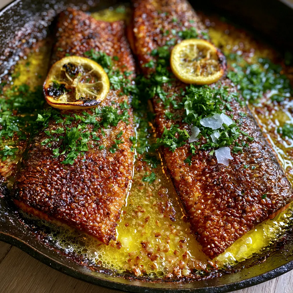 Two trout fillets garnished with fresh parsley and flaky sea salt in a seasoned cast iron pan. (pan seared rainbow trout)