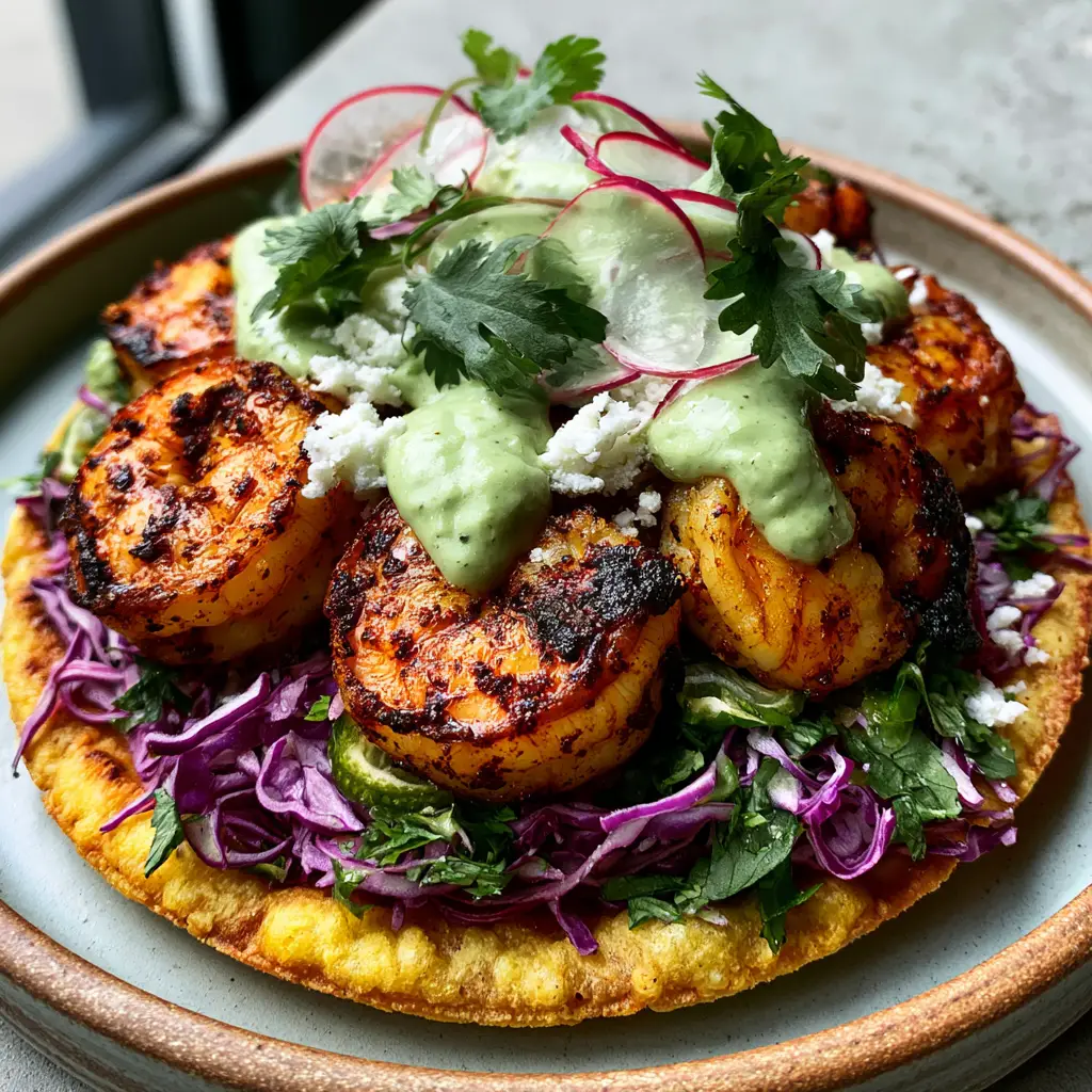 Top-down view of chipotle shrimp tostadas with visible dark chipotle spice flecks and paper-thin radish slices.